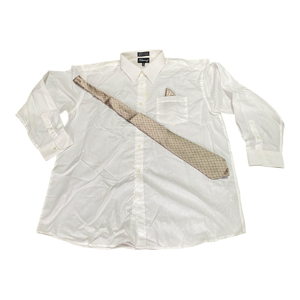 Men's White Dress Shirt With Tan Tie And Handkerchief Size 2XL